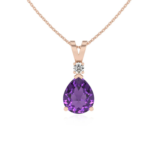 lab grown amethyst pear solitaire v-bale necklaces in rose gold 
