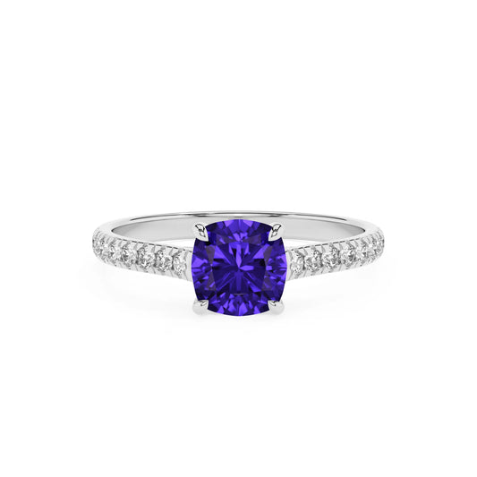 lab grown tanzanite cushion half eternity solitaire engagement rings in white gold 