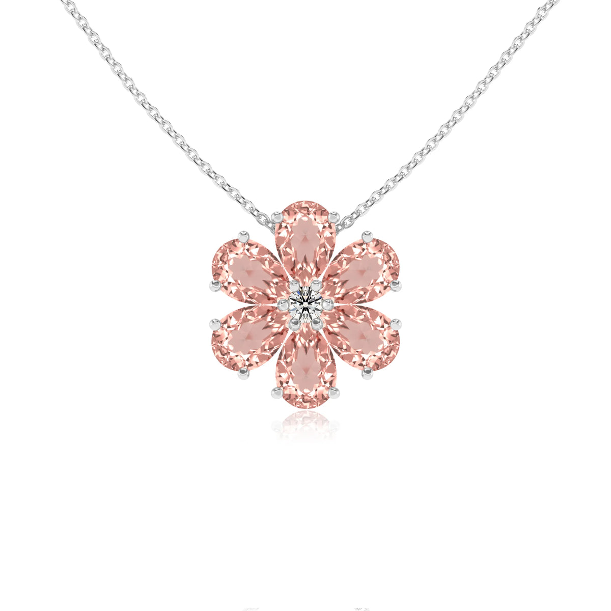 lab grown morganite pear solitaire necklaces in white gold 