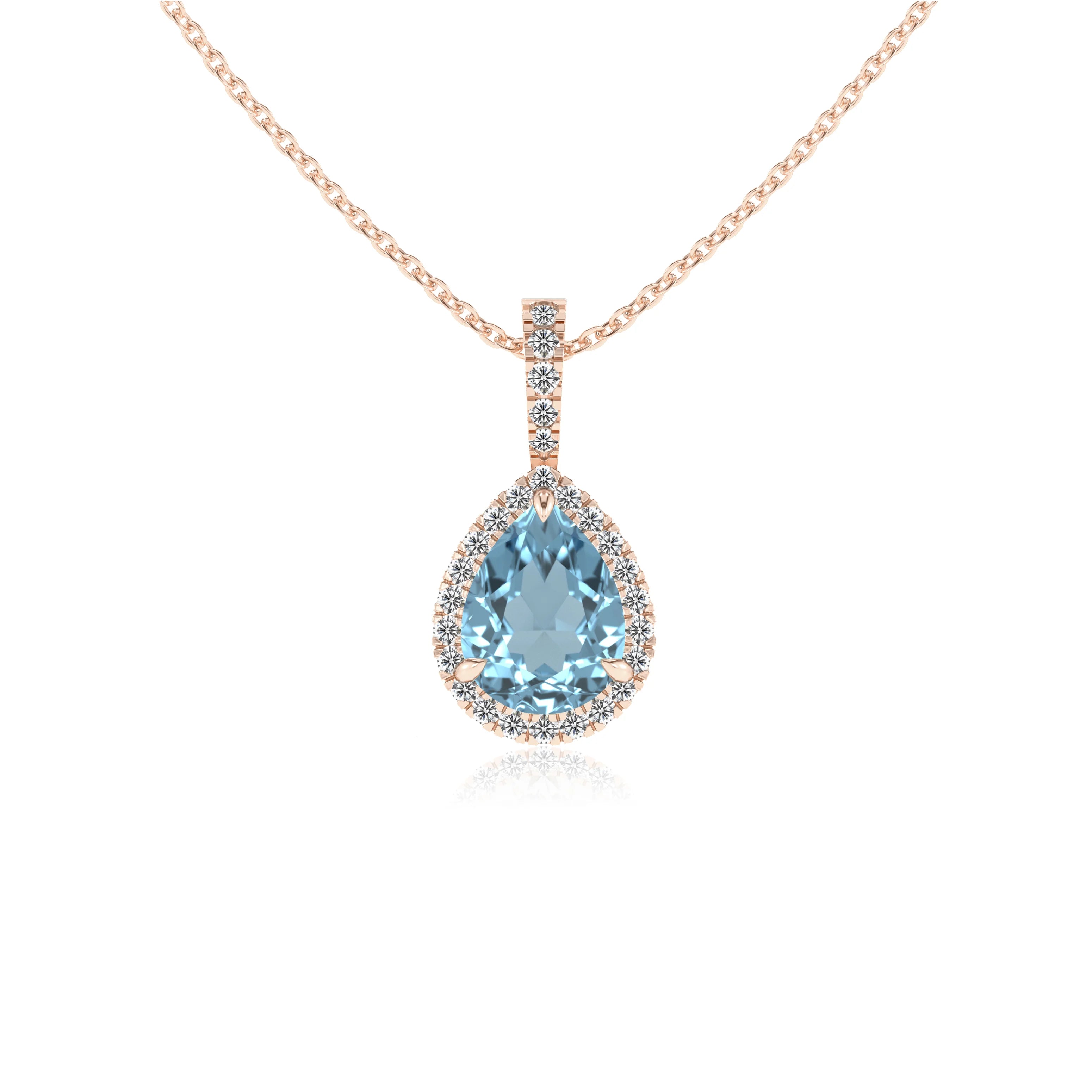 lab grown aquamarine pear solitaire necklaces in rose gold 