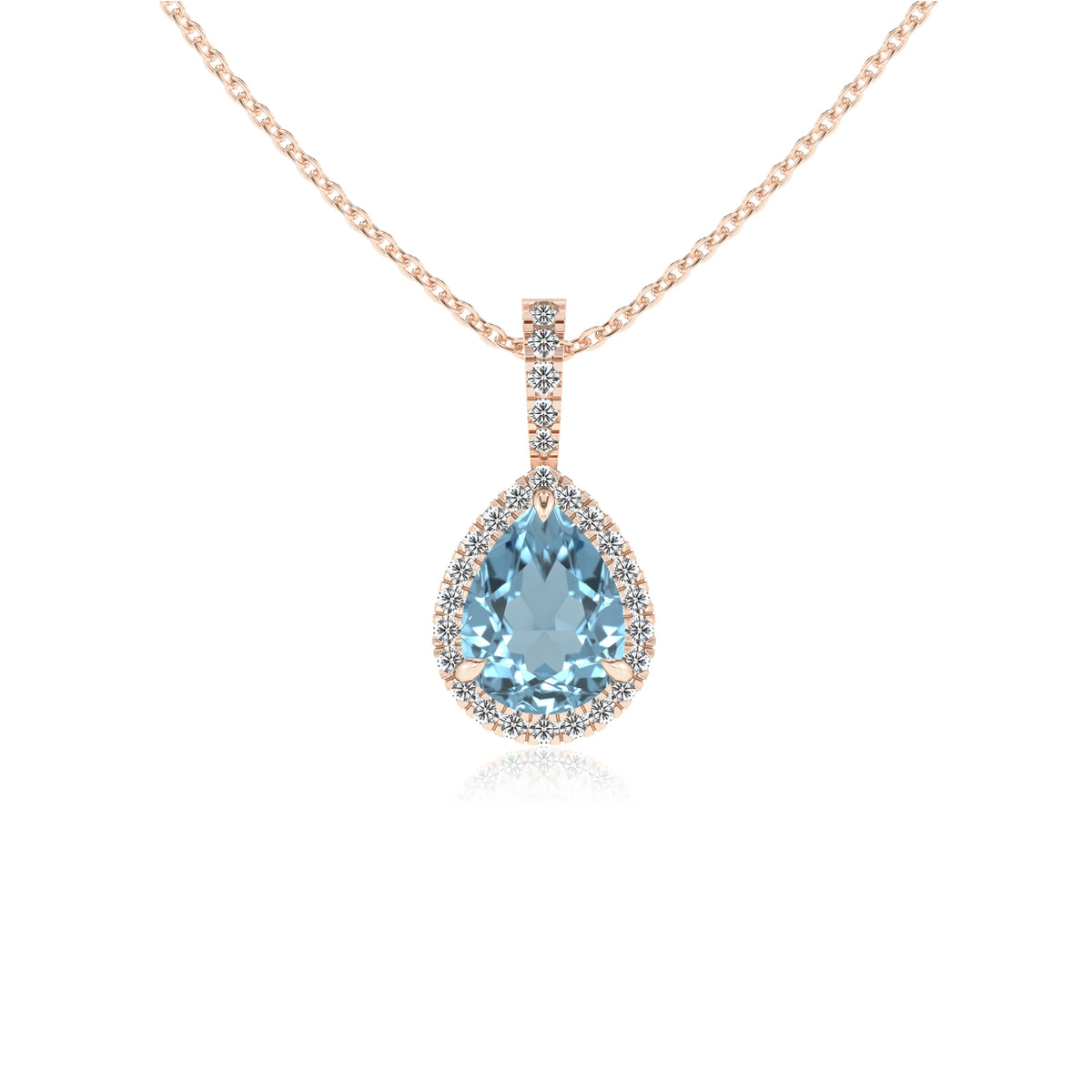 lab grown aquamarine pear solitaire necklaces in rose gold 