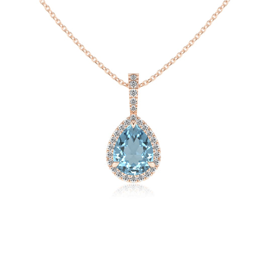 lab grown aquamarine pear solitaire necklaces in rose gold 