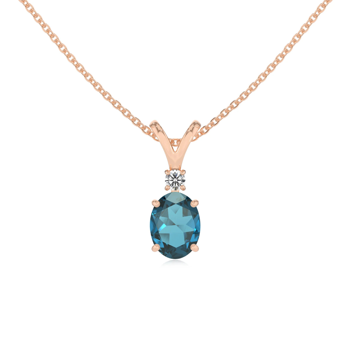 natural london-blue-topaz oval solitaire v-bale necklaces in rose gold 