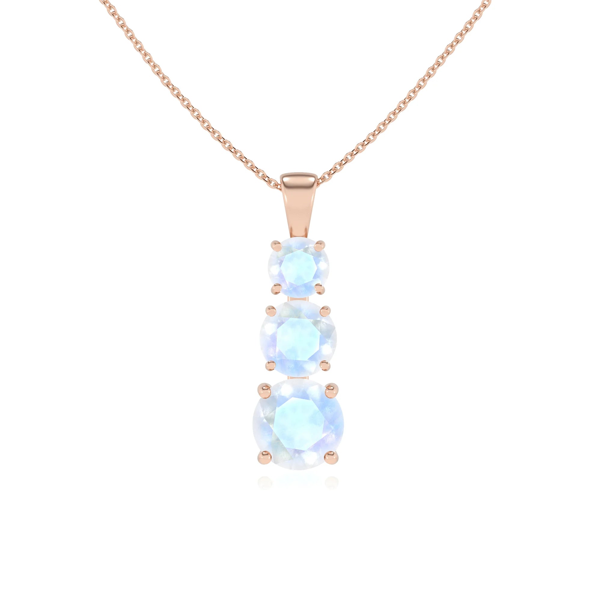 natural rainbow-moonstone round bar v-bale necklaces in rose gold 