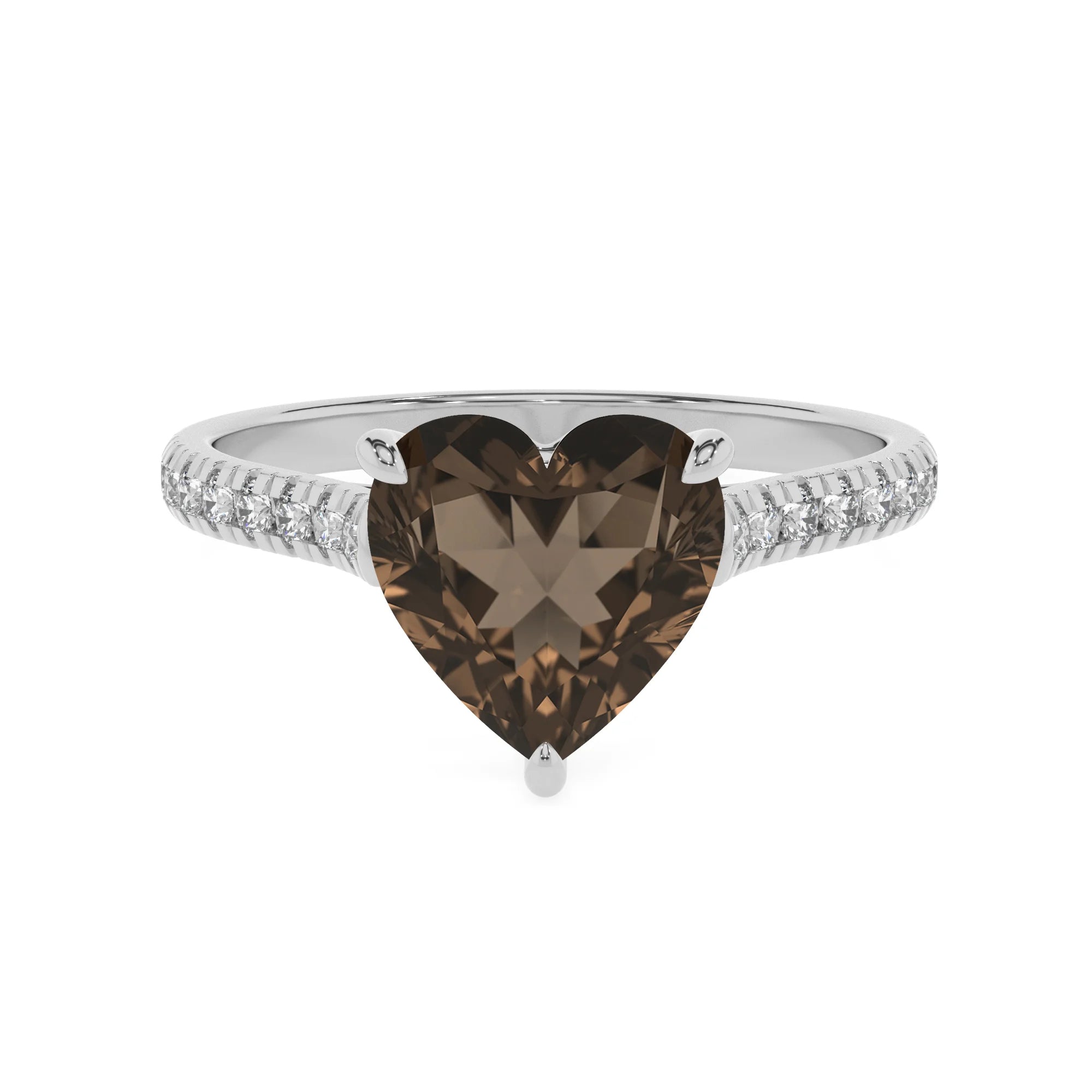 natural smoky-quartz heart half eternity solitaire engagement rings in white gold 