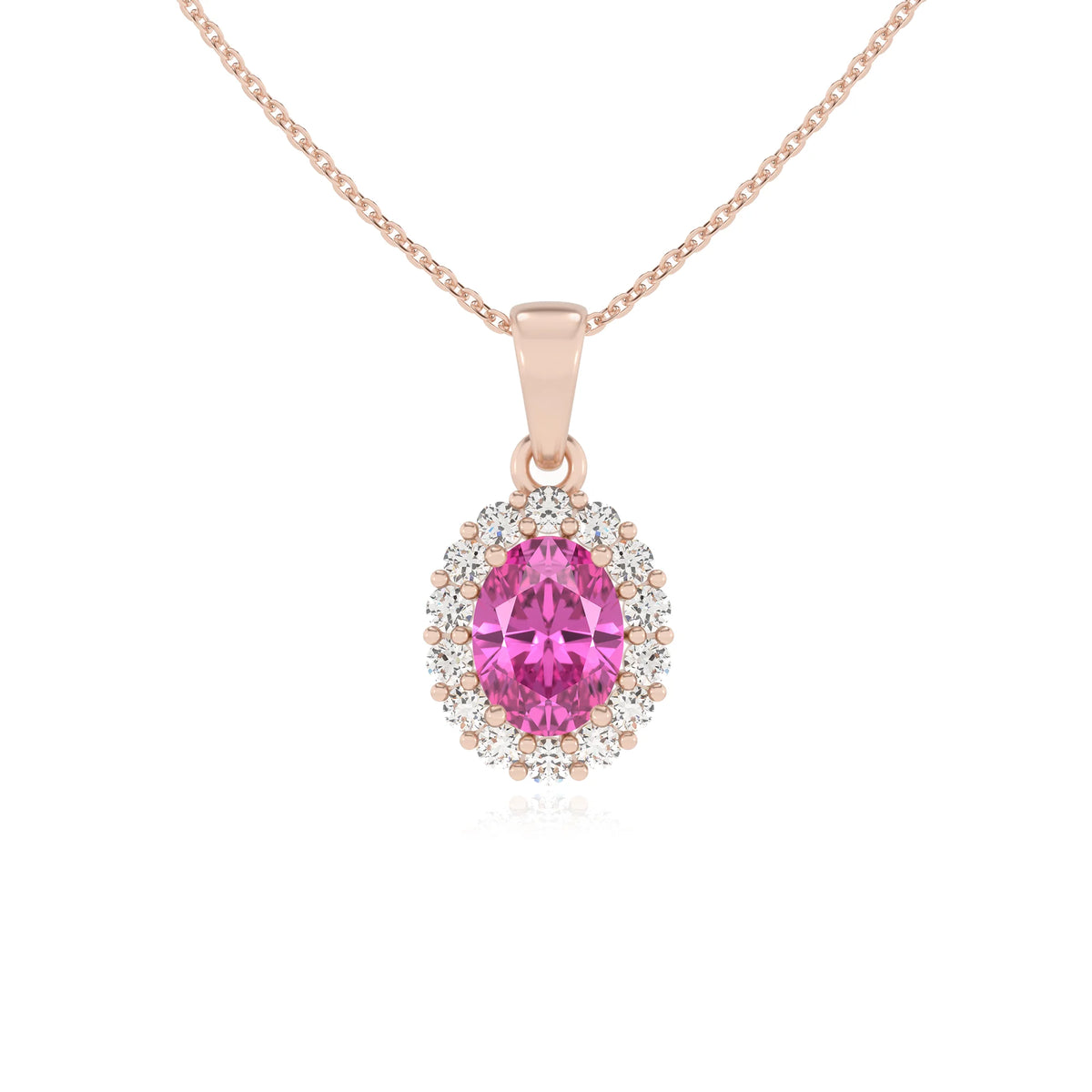 lab grown pink-sapphire oval solitaire necklaces in rose gold 