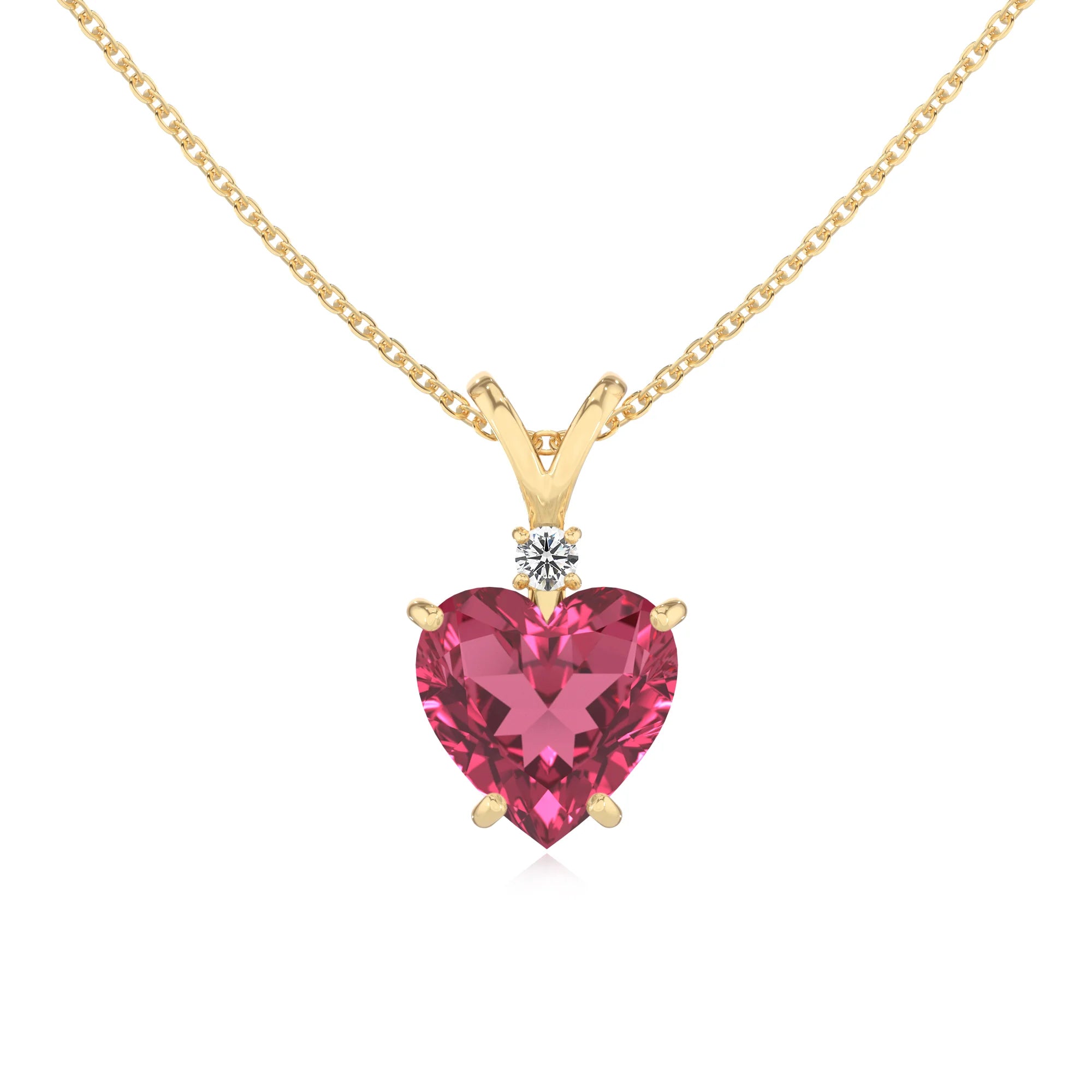 lab grown pink-tourmaline heart solitaire v-bale necklaces in yellow gold 