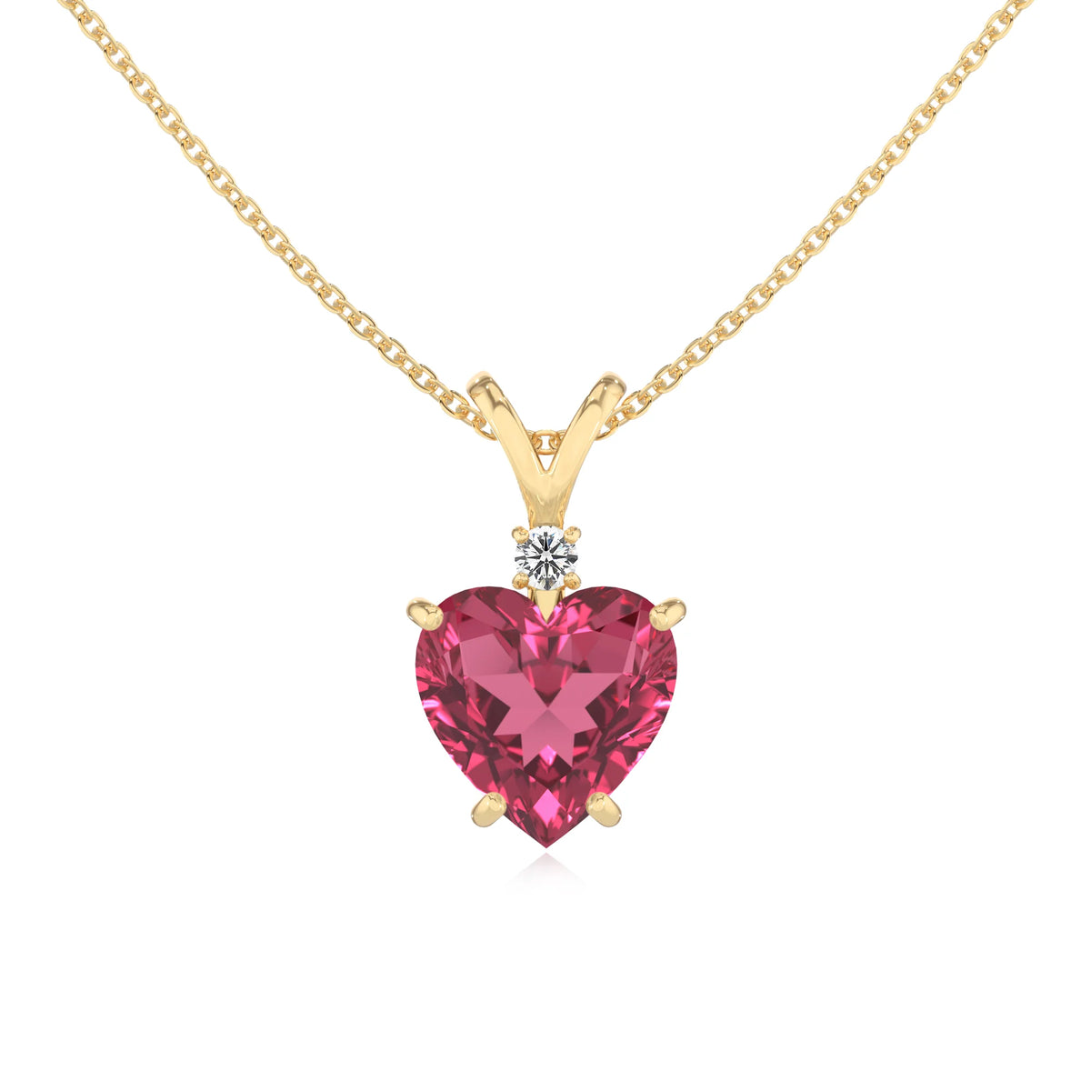 lab grown pink-tourmaline heart solitaire v-bale necklaces in yellow gold 