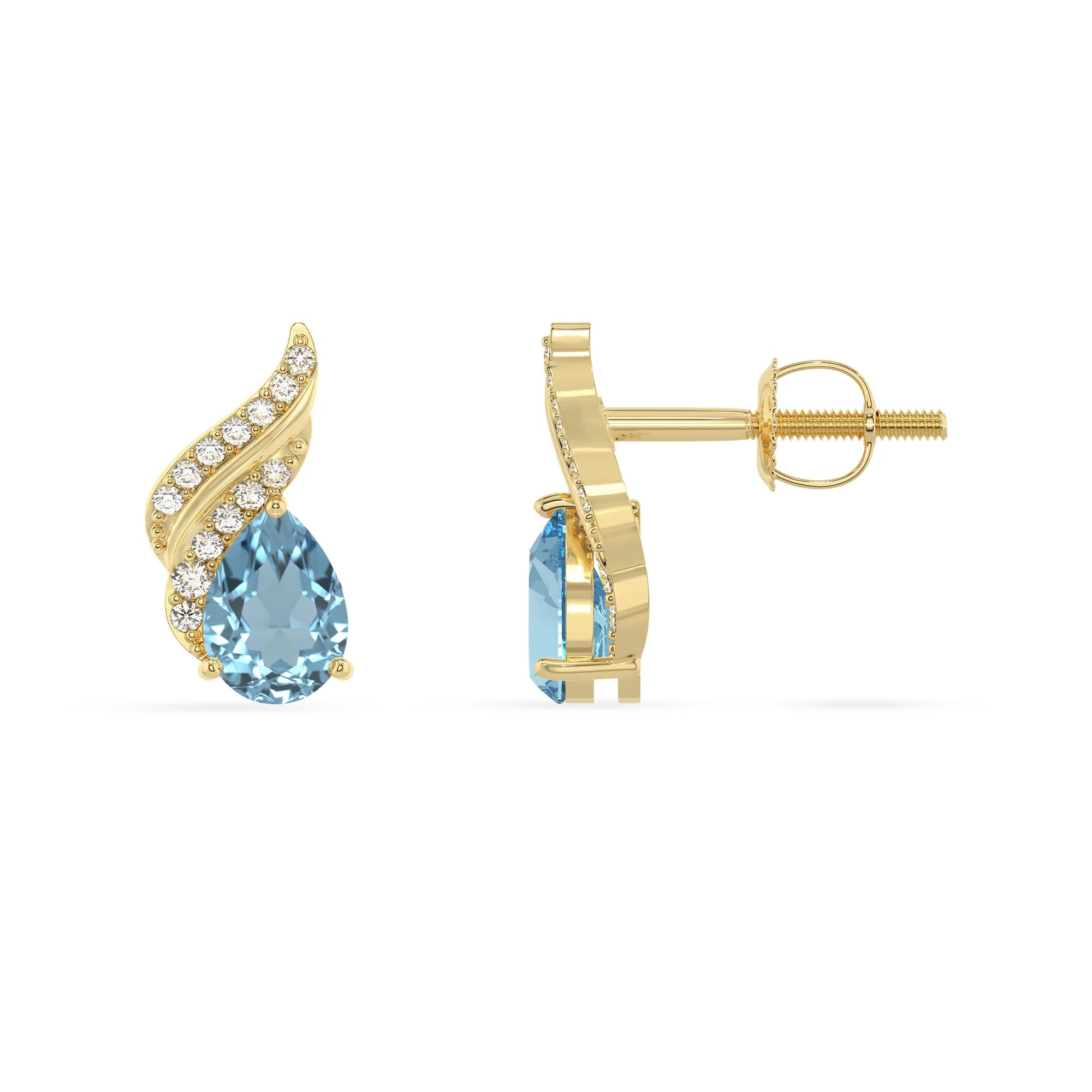 lab grown aquamarine pear stud earrings in yellow gold 