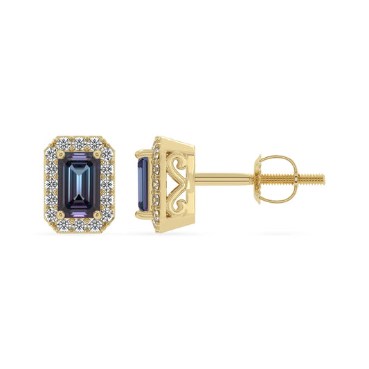 lab grown alexandrite emerald cut stud earrings in yellow gold 