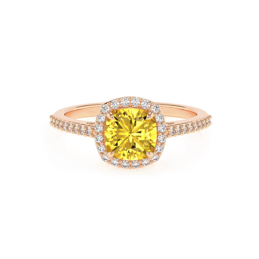 lab grown yellow-sapphire cushion solitaire rings in rose gold 