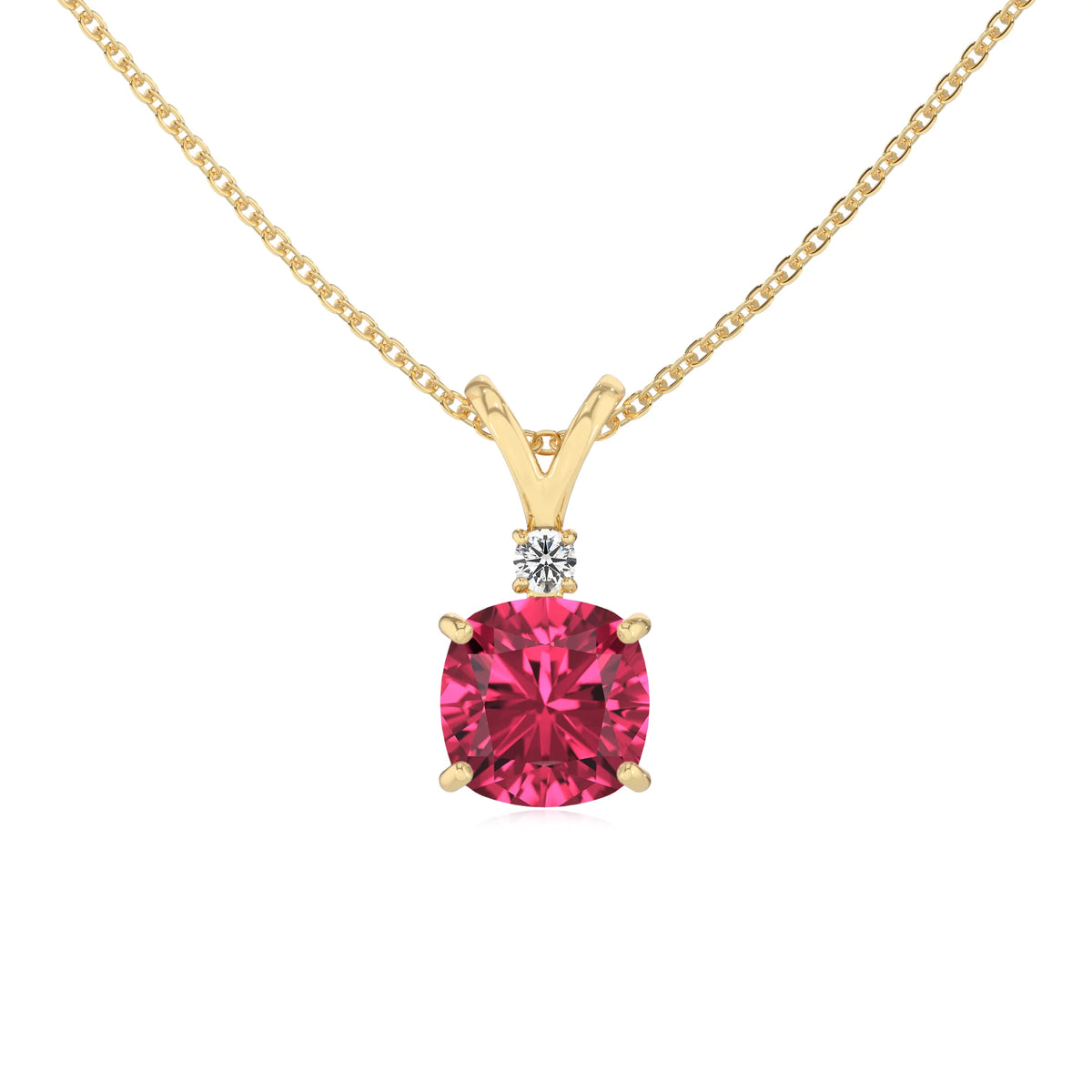 lab grown pink-tourmaline cushion solitaire v-bale necklaces in yellow gold 