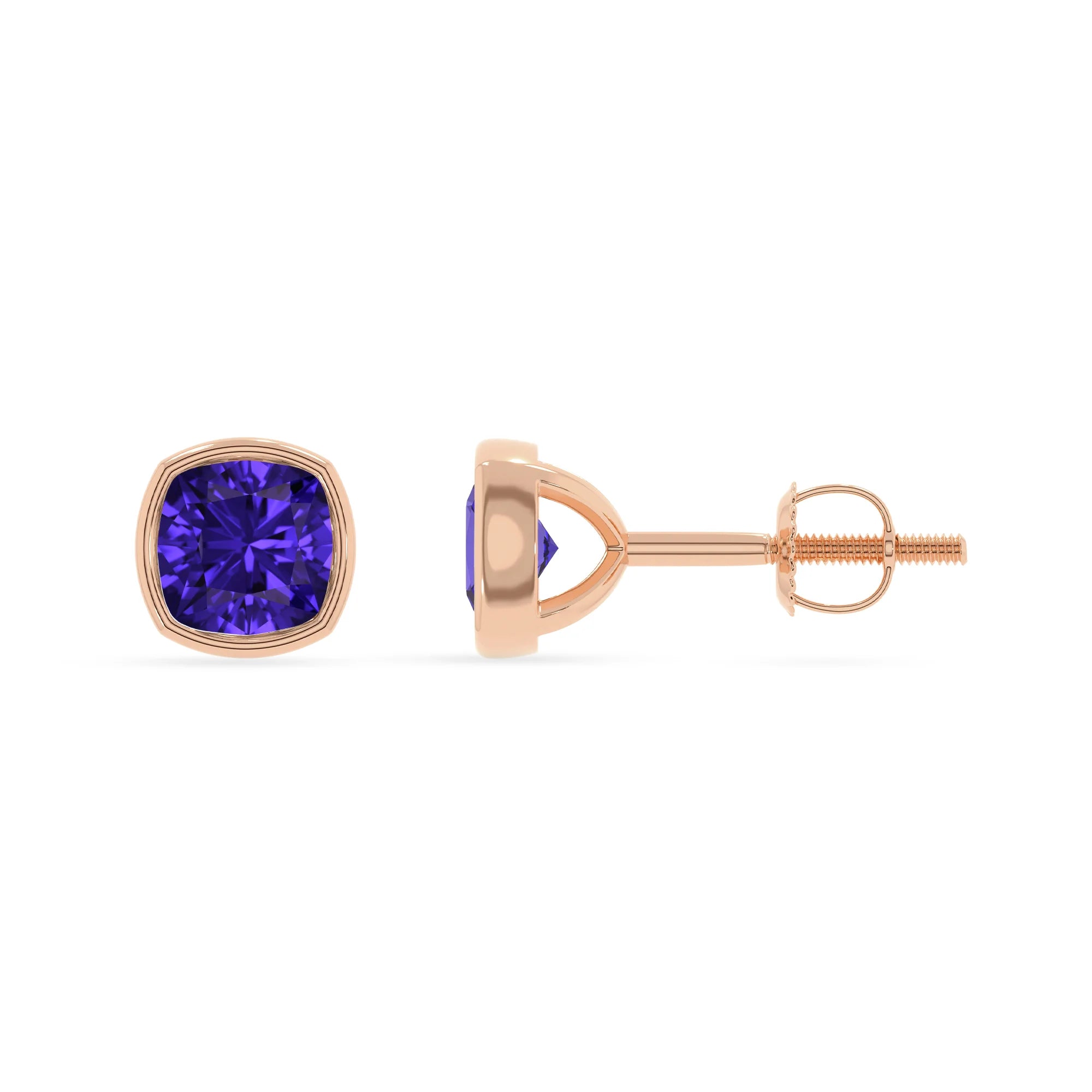 lab grown tanzanite cushion stud earrings in rose gold 