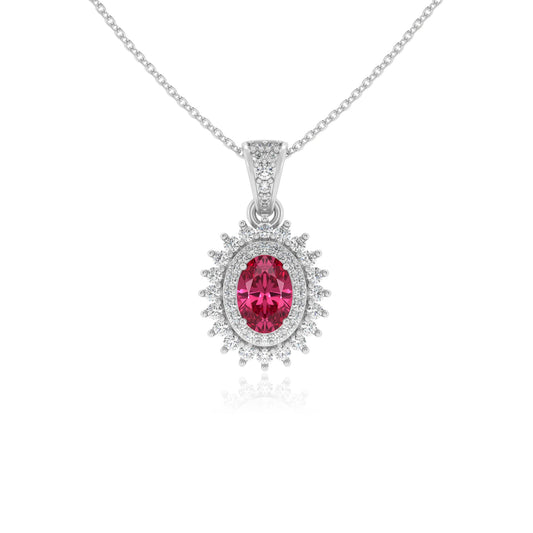 lab grown pink-tourmaline oval halo necklaces in white gold 