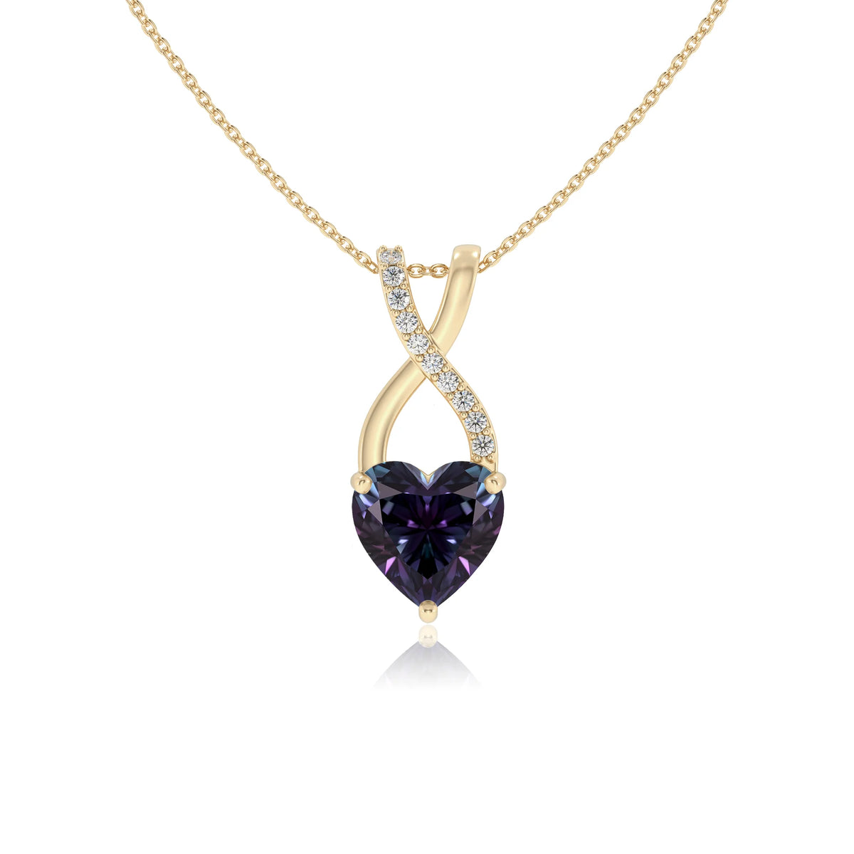 lab grown alexandrite heart solitaire necklaces in yellow gold 