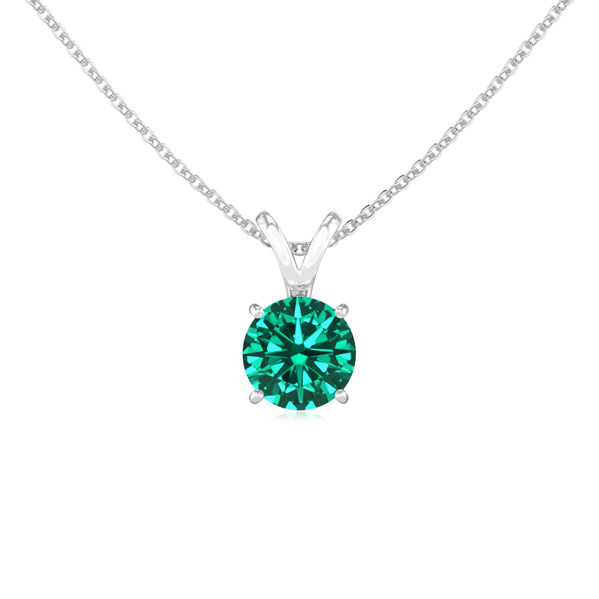 lab grown emerald round solitaire v-bale necklaces in sterling silver 