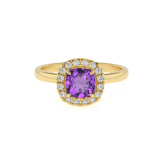 lab grown amethyst cushion solitaire rings in yellow gold 
