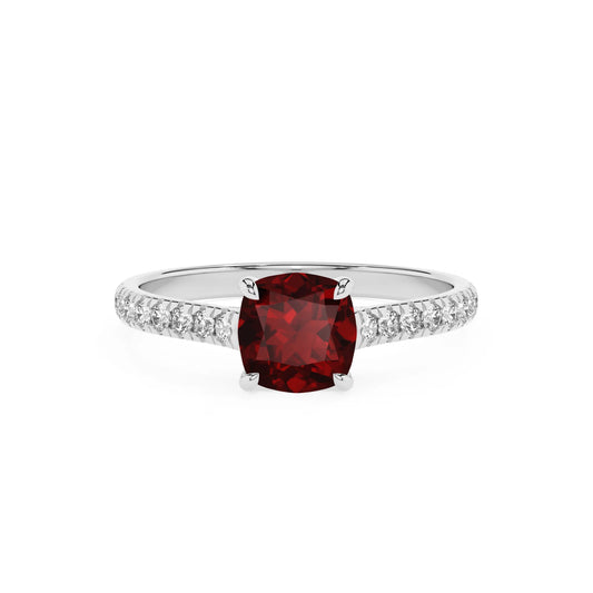 natural garnet cushion half eternity solitaire engagement rings in white gold 