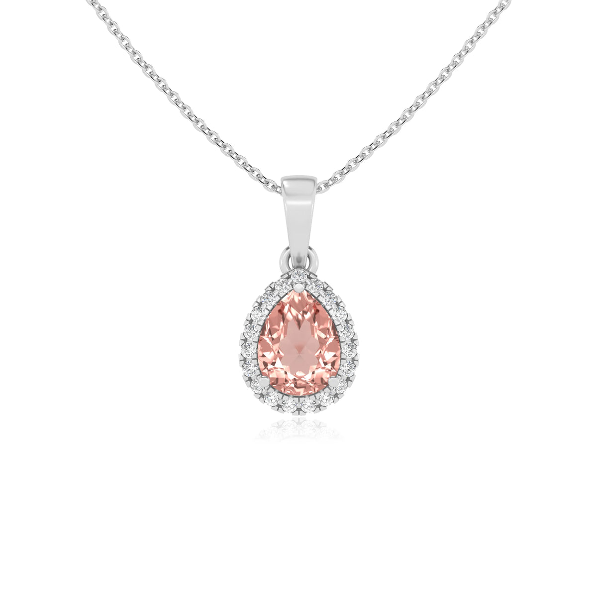 lab grown morganite pear solitaire necklaces in white gold 
