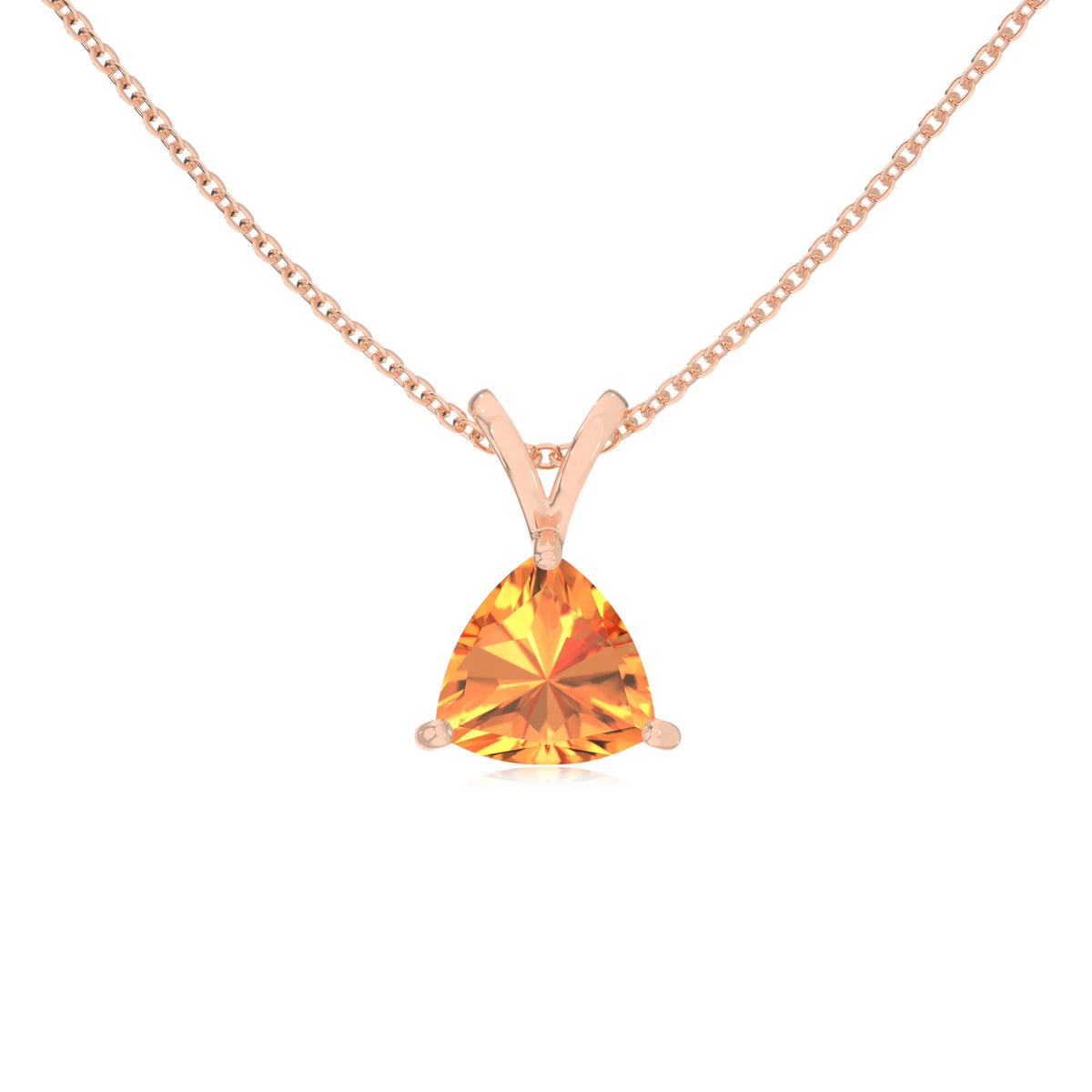lab grown citrine trillion solitaire v-bale necklaces in rose gold 