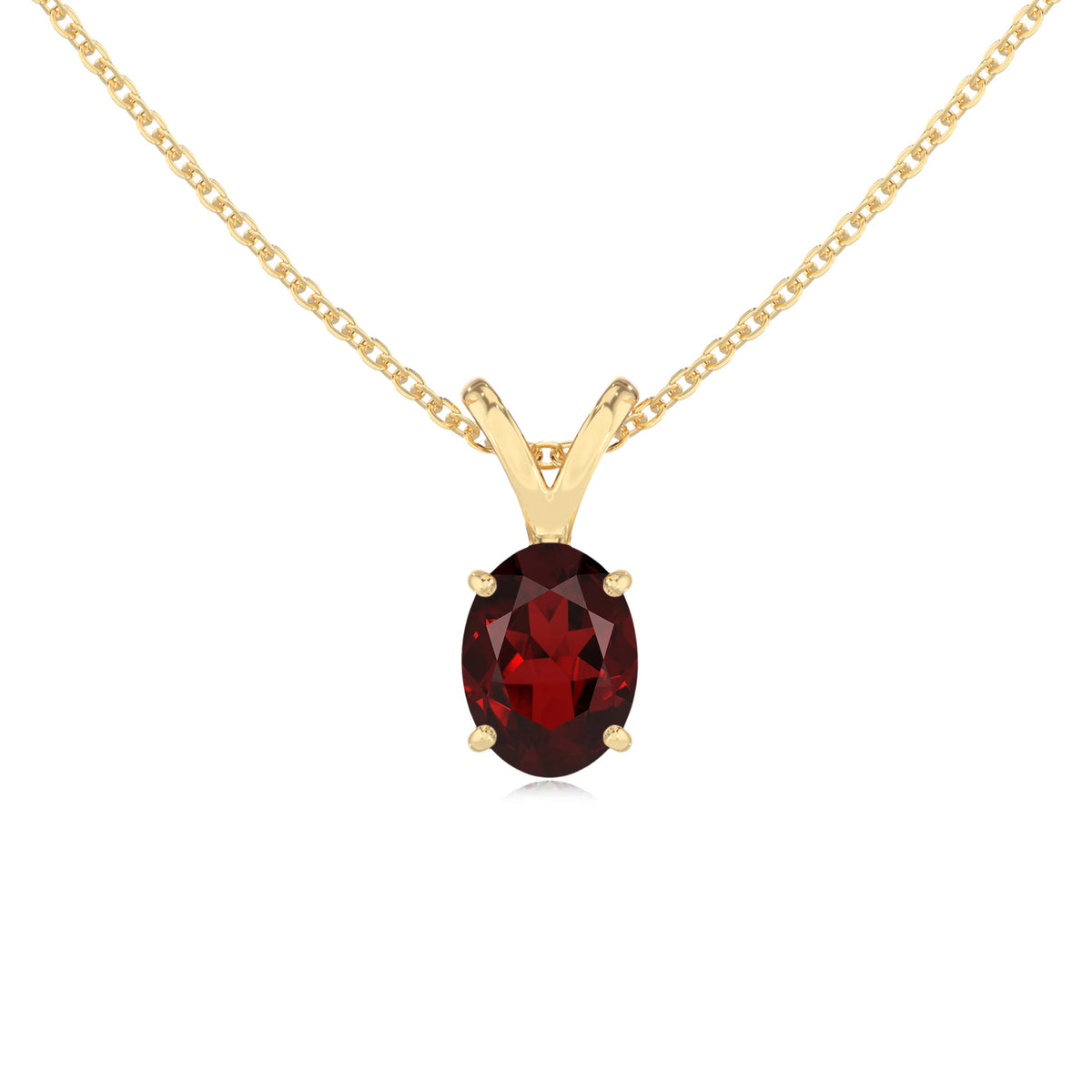 natural garnet oval solitaire v-bale necklaces in yellow gold 