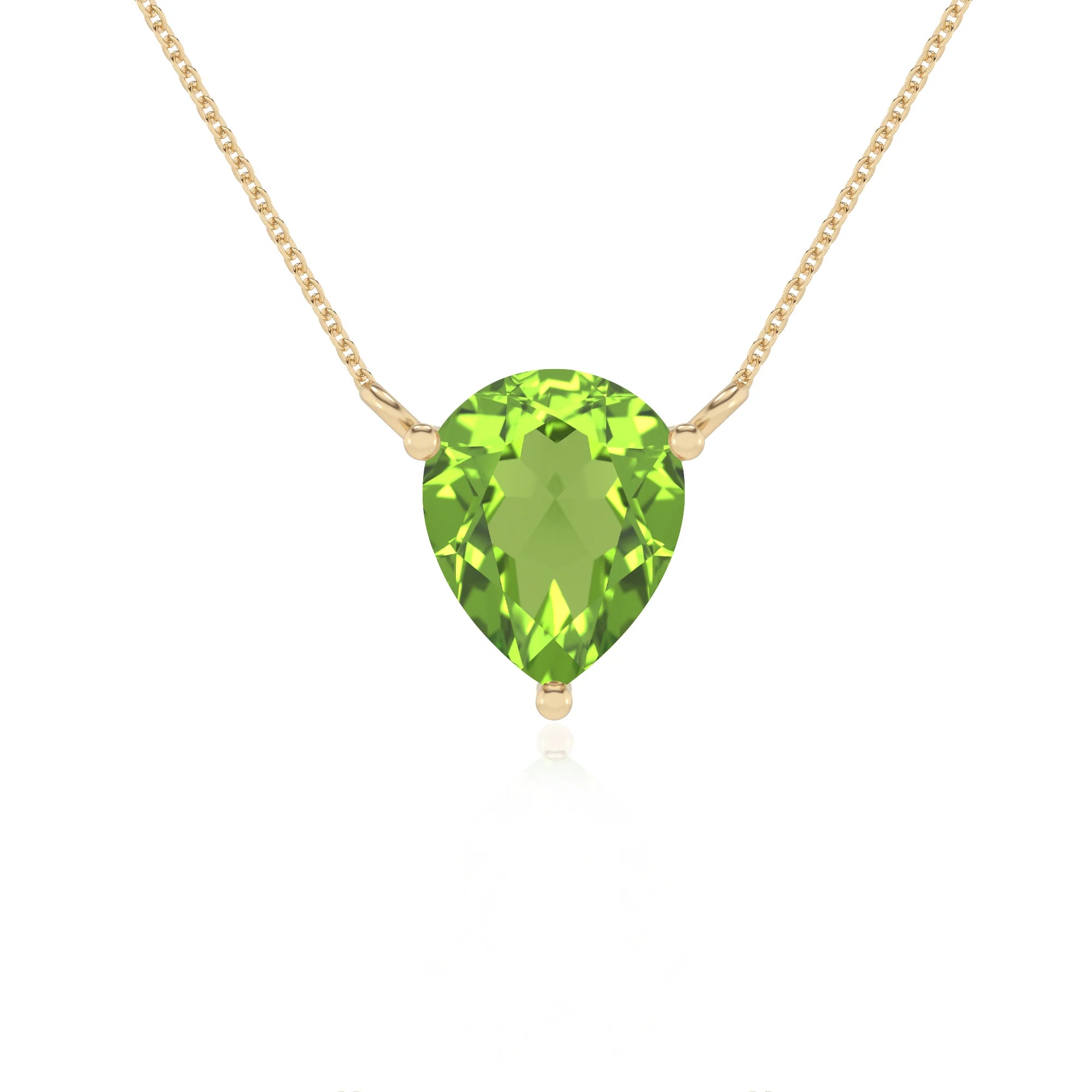 natural peridot pear solitaire necklaces in yellow gold 