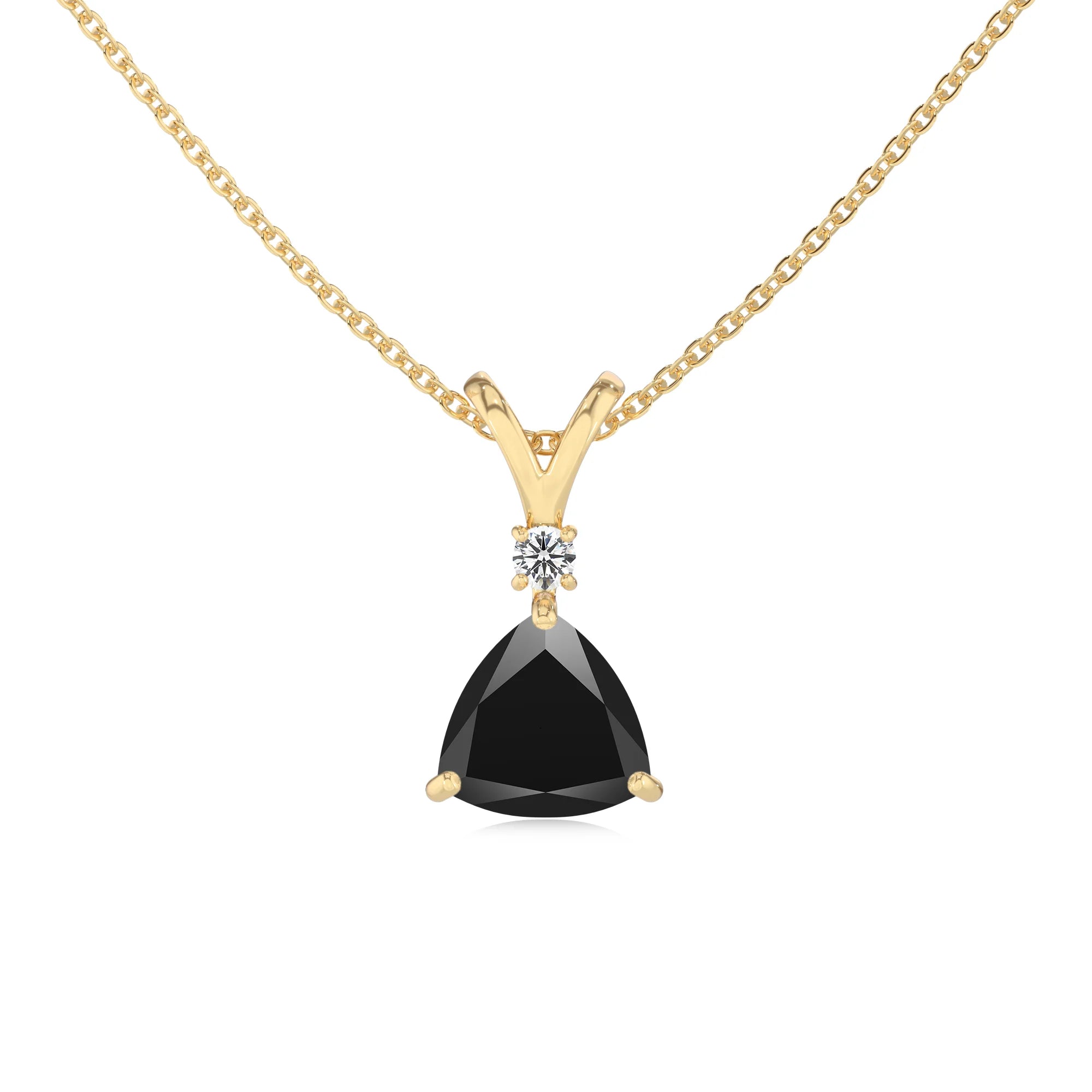 natural black-onyx trillion solitaire v-bale necklaces in yellow gold 