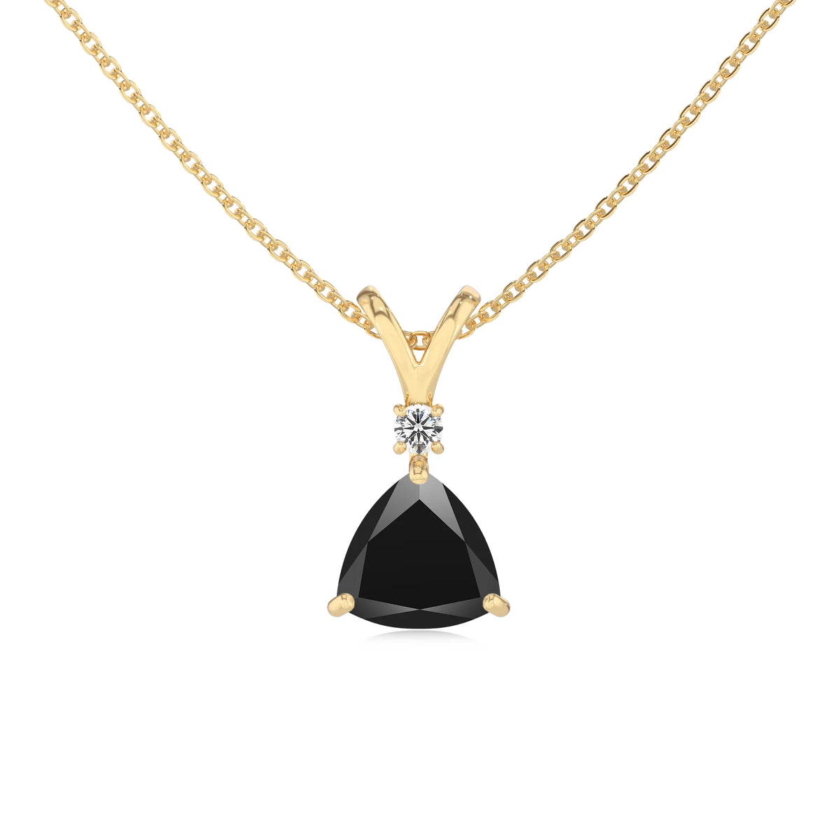 natural black-onyx trillion solitaire v-bale necklaces in yellow gold 