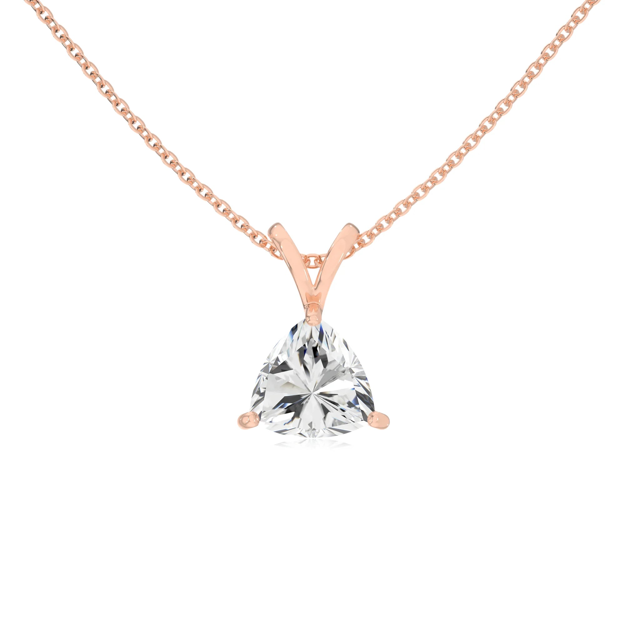 lab grown moissanite trillion solitaire v-bale necklaces in rose gold 