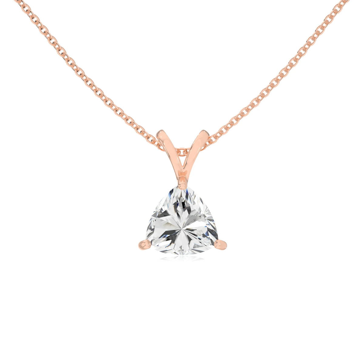 lab grown moissanite trillion solitaire v-bale necklaces in rose gold 