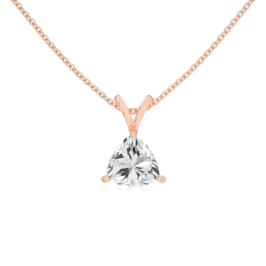 lab grown moissanite trillion solitaire v-bale necklaces in rose gold 