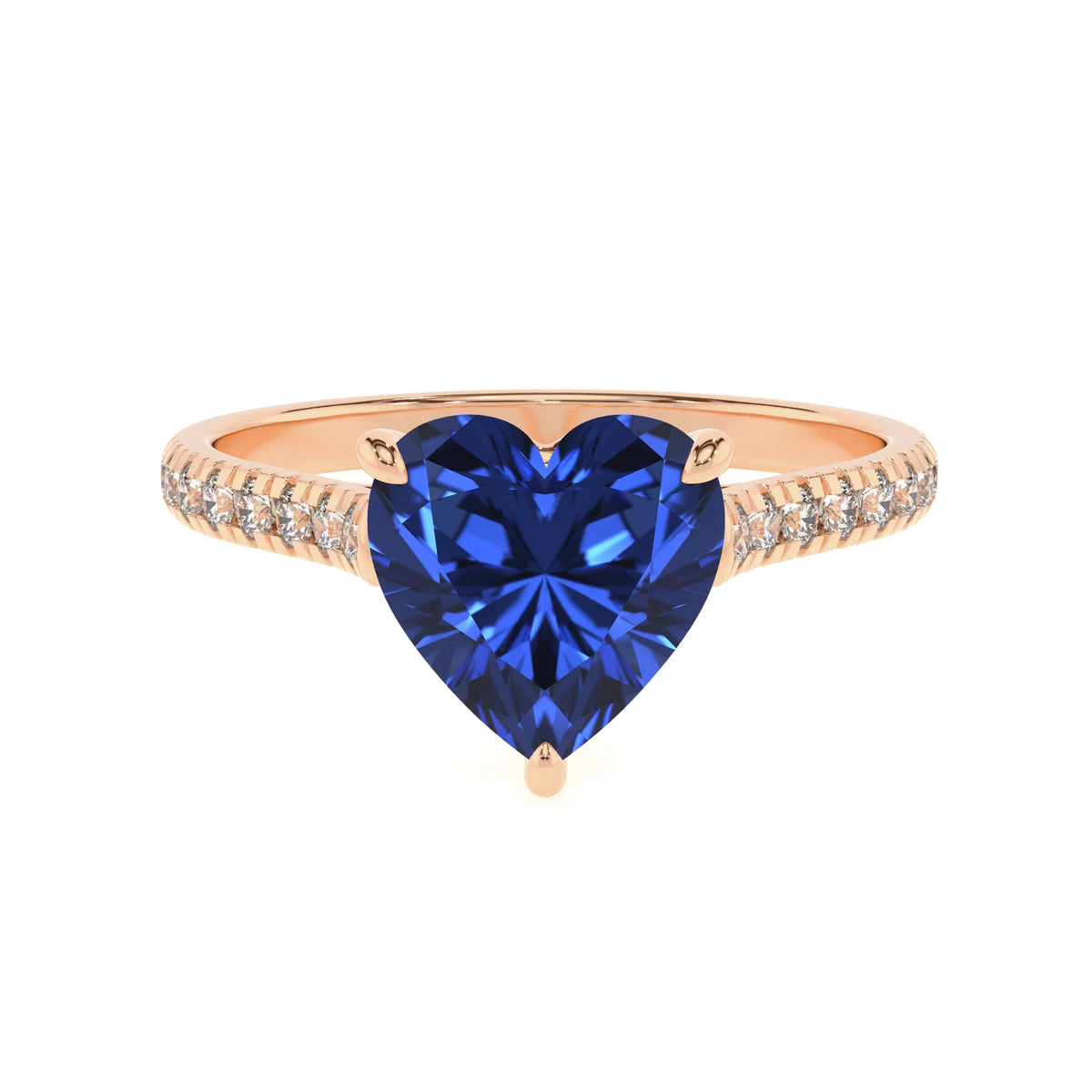 lab grown blue-sapphire heart half eternity solitaire engagement rings in rose gold 