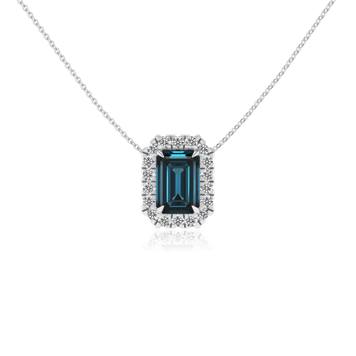 natural london blue topaz emerald cut solitaire necklaces in white gold 