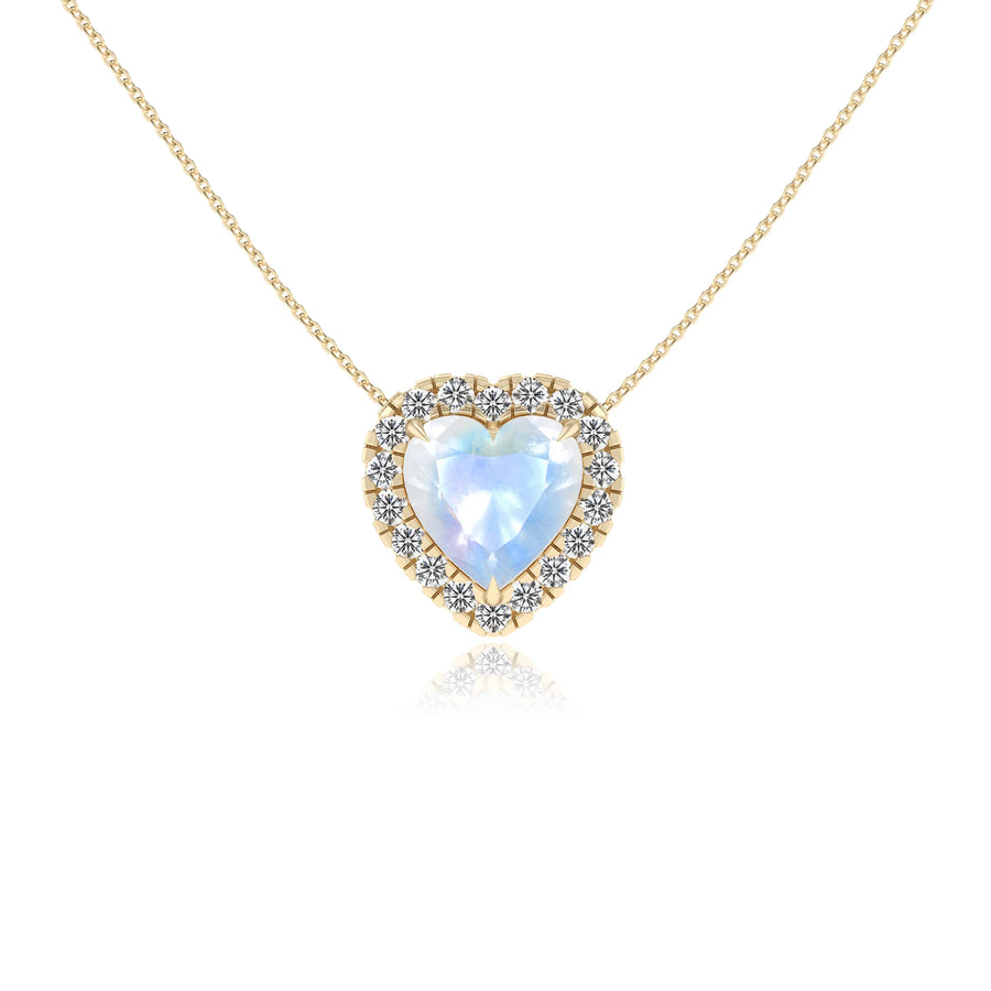 natural rainbow moonstone heart solitaire necklaces in yellow gold 