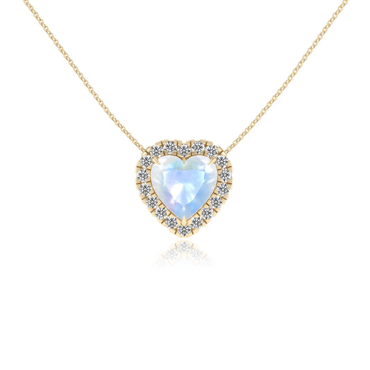 natural rainbow moonstone heart solitaire necklaces in yellow gold 