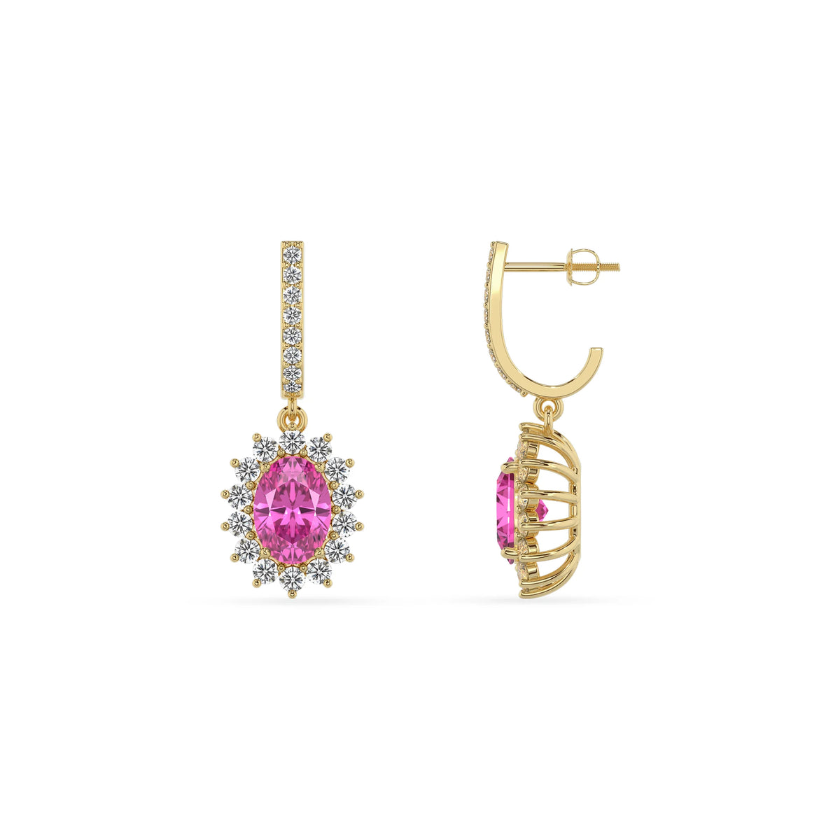 lab grown pink sapphire oval drop earrings in yellow gold 