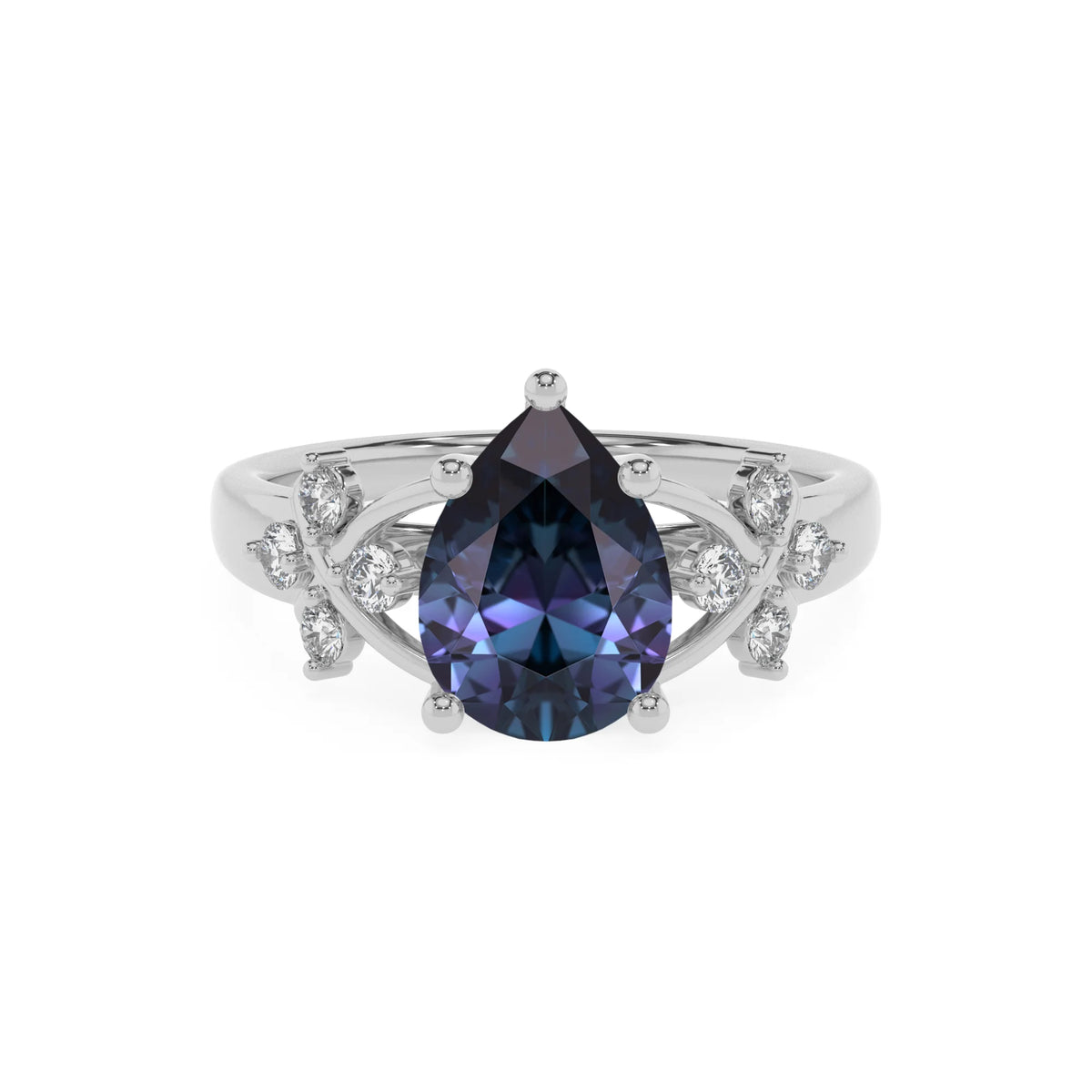 lab grown alexandrite pear solitaire rings in white gold 