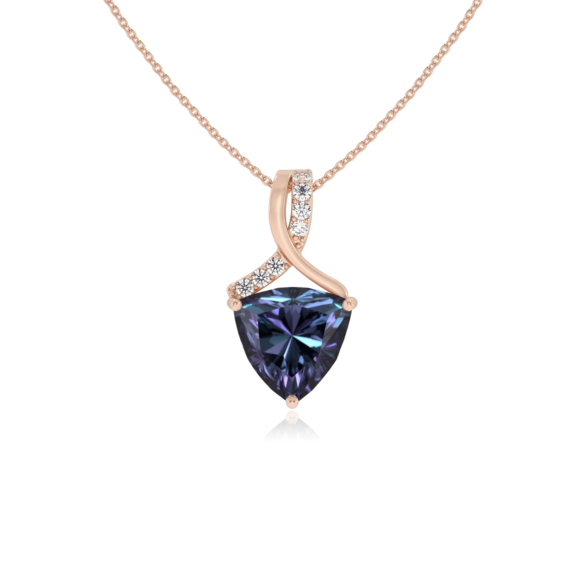lab grown alexandrite trillion solitaire necklaces in rose gold 