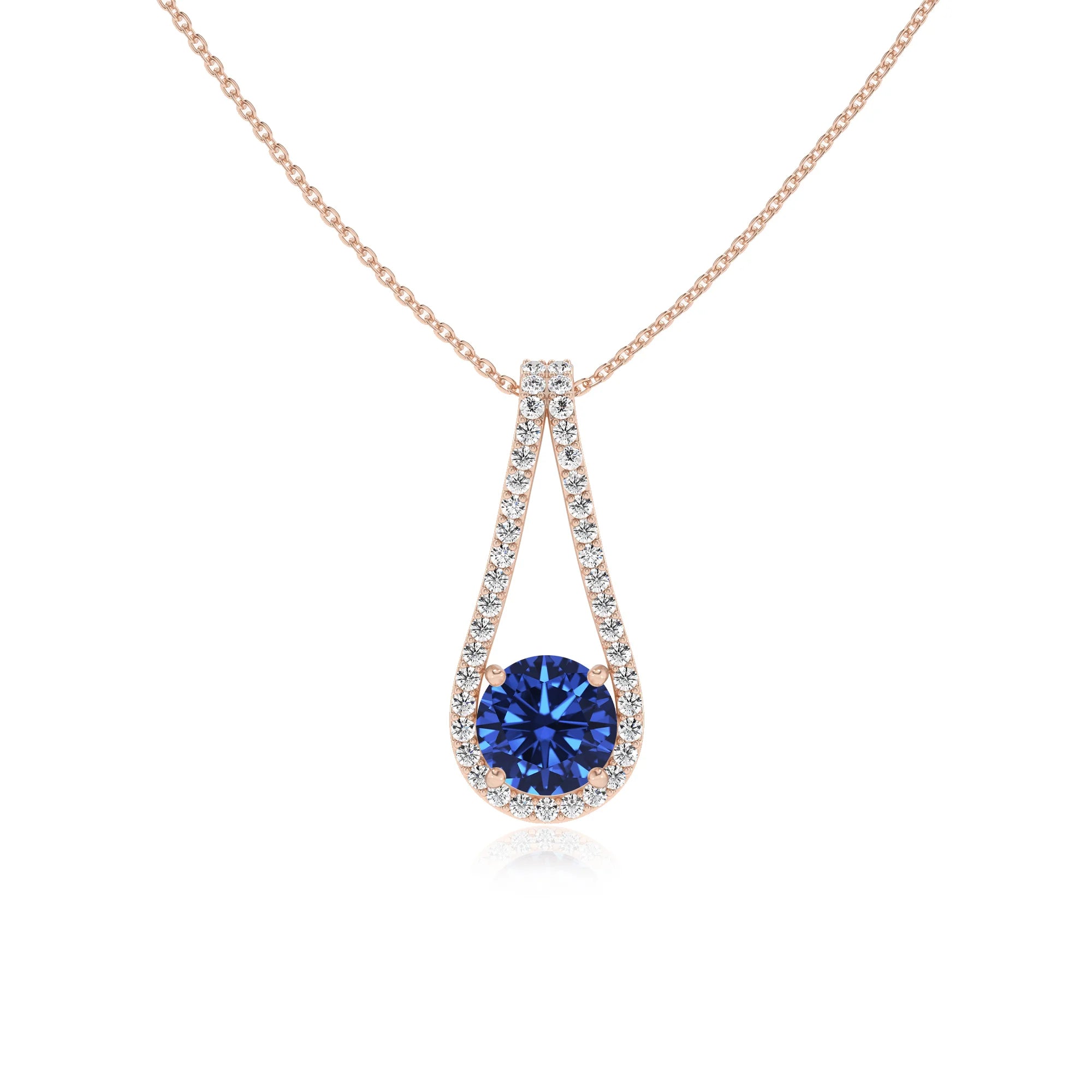 lab grown blue-sapphire round solitaire v-bale necklaces in rose gold 
