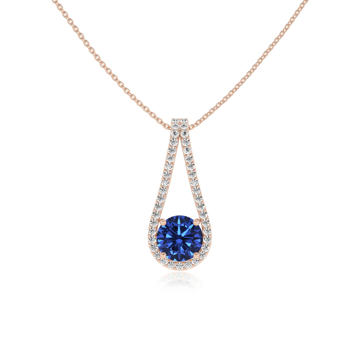 lab grown blue-sapphire round solitaire v-bale necklaces in rose gold 
