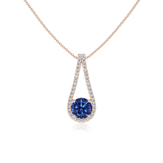 lab grown blue-sapphire round solitaire v-bale necklaces in rose gold 