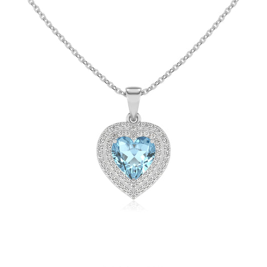 lab grown aquamarine heart halo necklaces in white gold 
