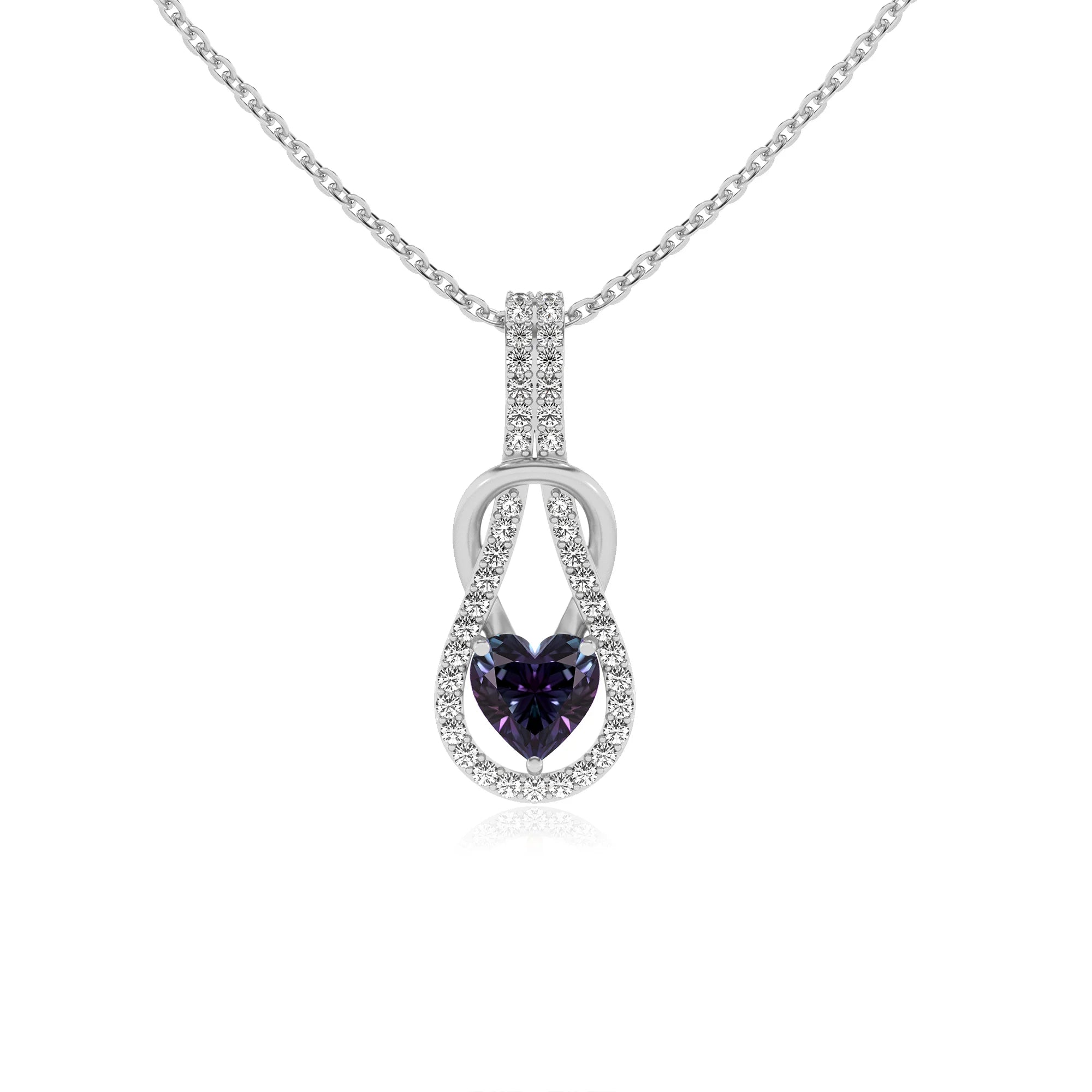 lab grown alexandrite heart infinity  v-bale necklaces in sterling silver 