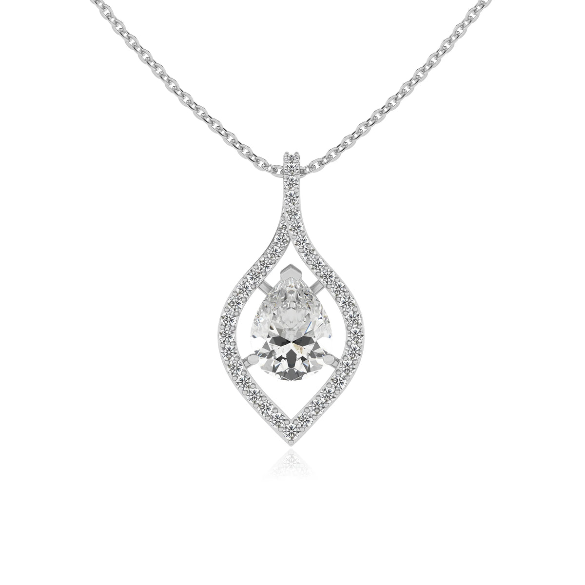 lab grown moissanite pear infinity necklaces in white gold 