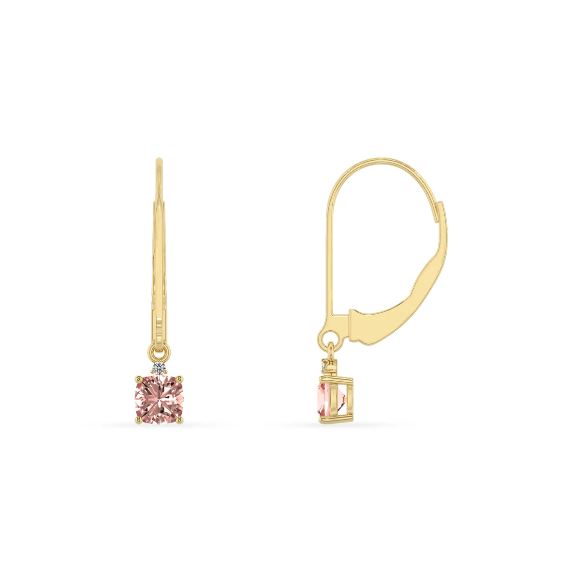 lab grown morganite cushion drop earrings in yellow gold 