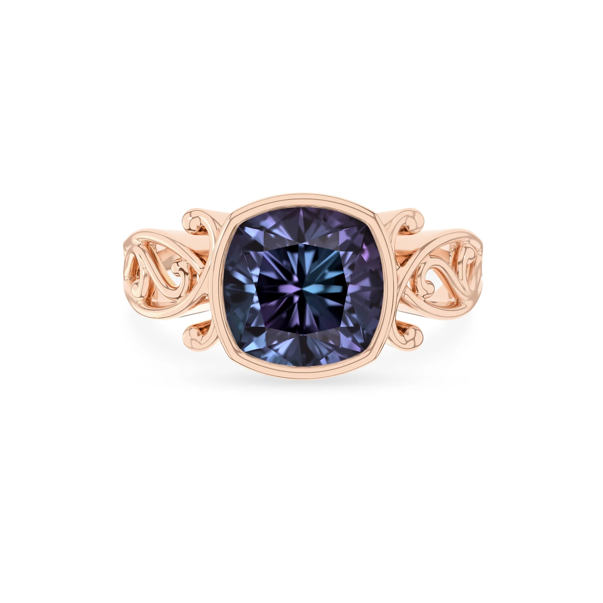 lab grown alexandrite cushion solitaire rings in rose gold 
