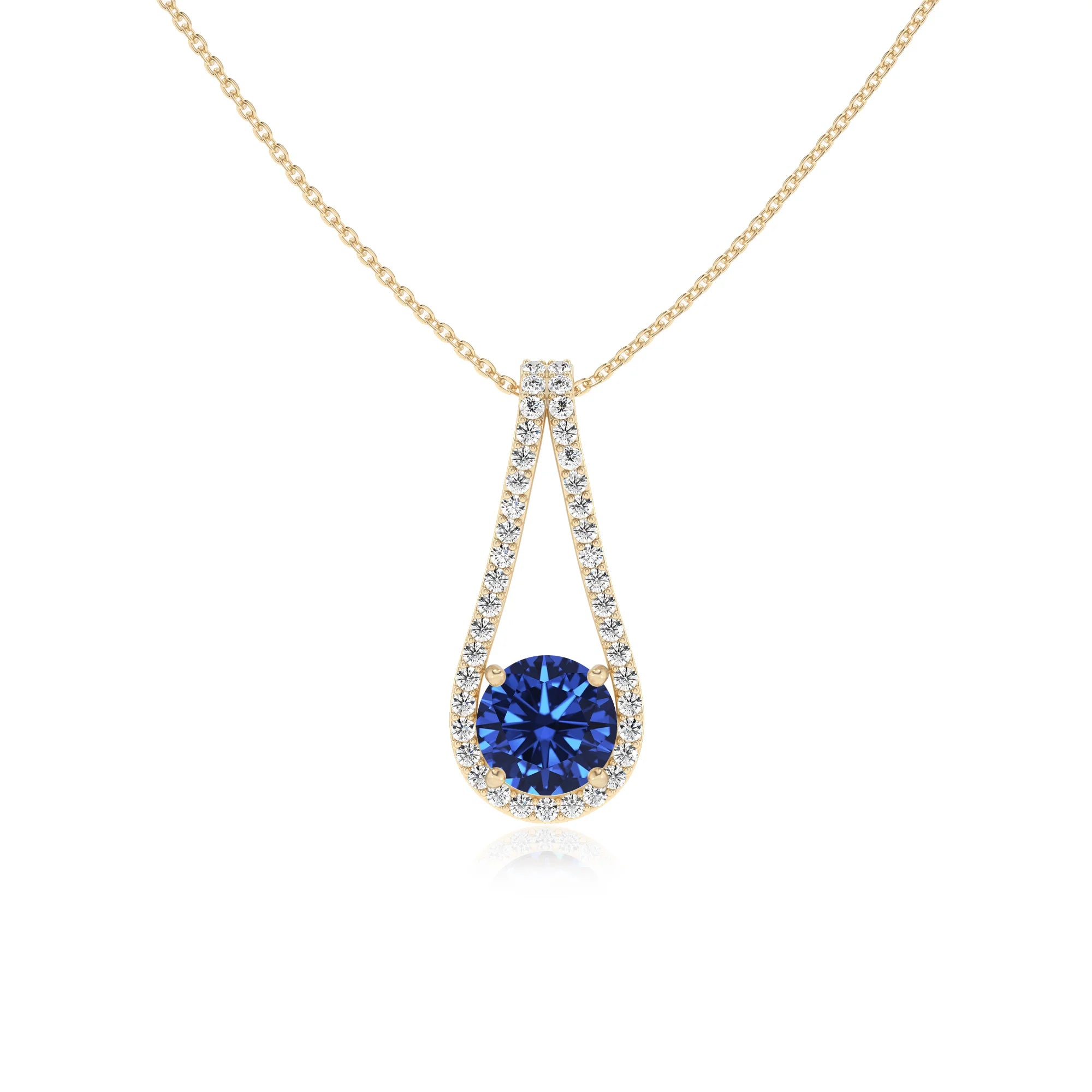 lab grown blue-sapphire round solitaire v-bale necklaces in yellow gold 