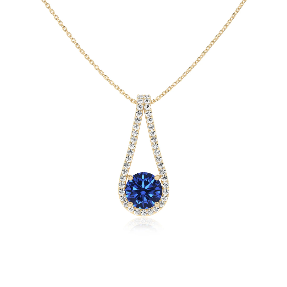 lab grown blue-sapphire round solitaire v-bale necklaces in yellow gold 