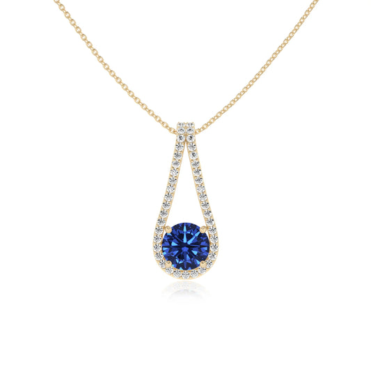 lab grown blue-sapphire round solitaire v-bale necklaces in yellow gold 