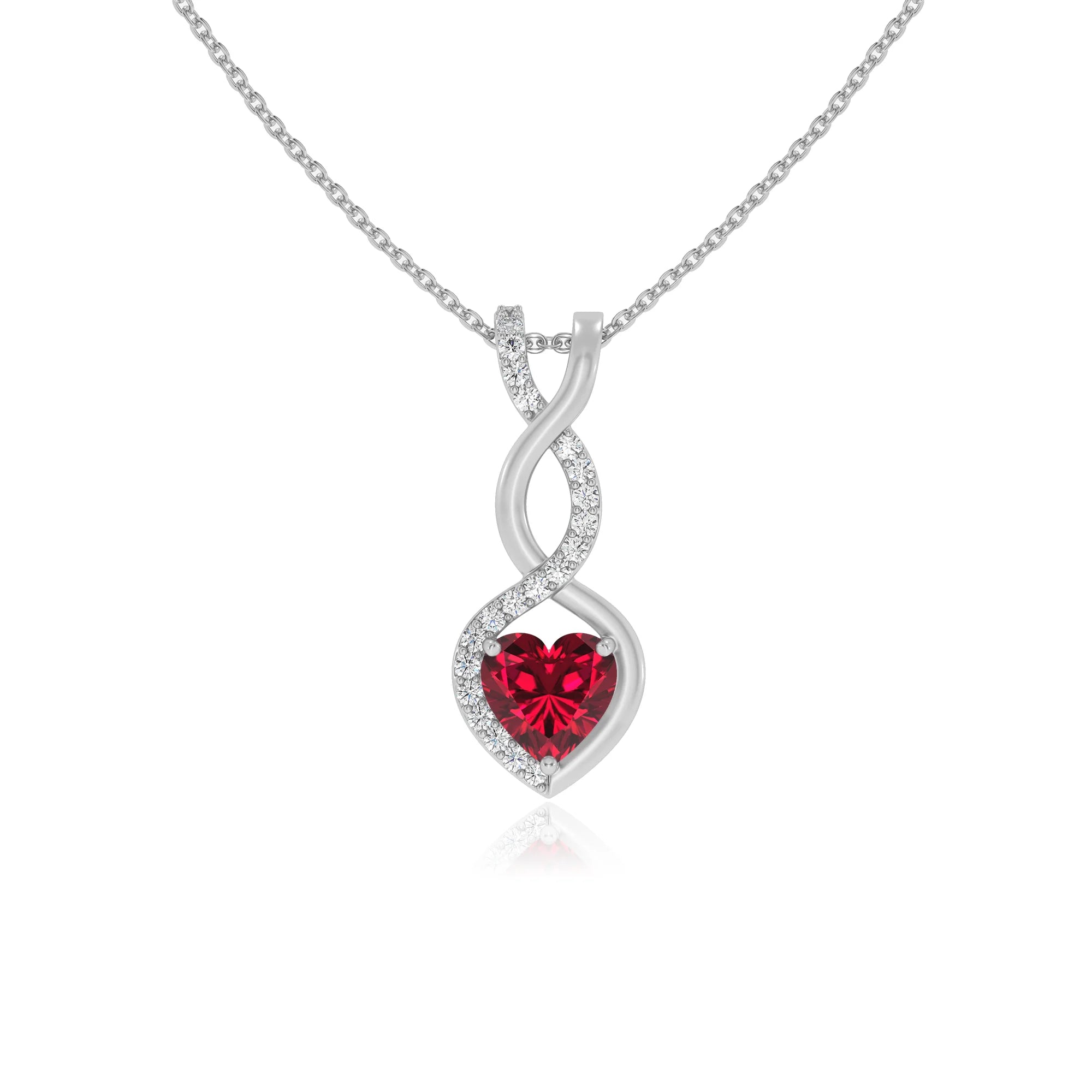lab grown ruby heart infinity necklaces in platinum 